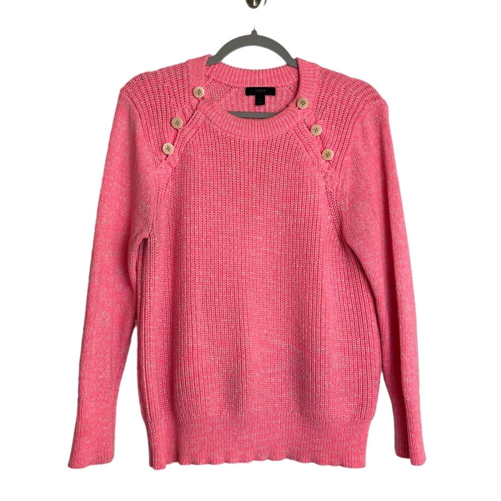 J.Crew Hot Pink Crewneck Sweater Size M Ribbed Knit Buttons on Shoulder Preppy